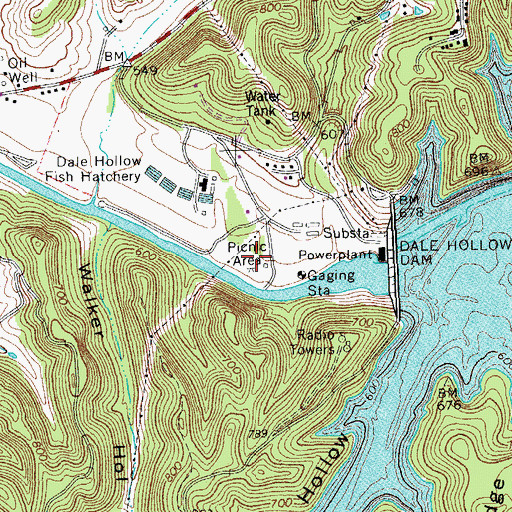 Topographic Map of Dale Hollow Dam Recreation Area, TN
