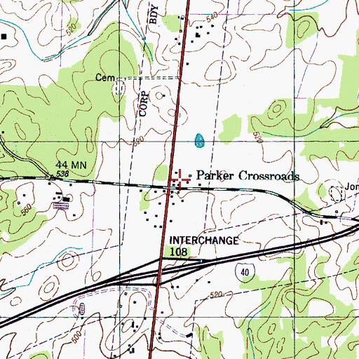 Topographic Map of Parker Crossroads, TN