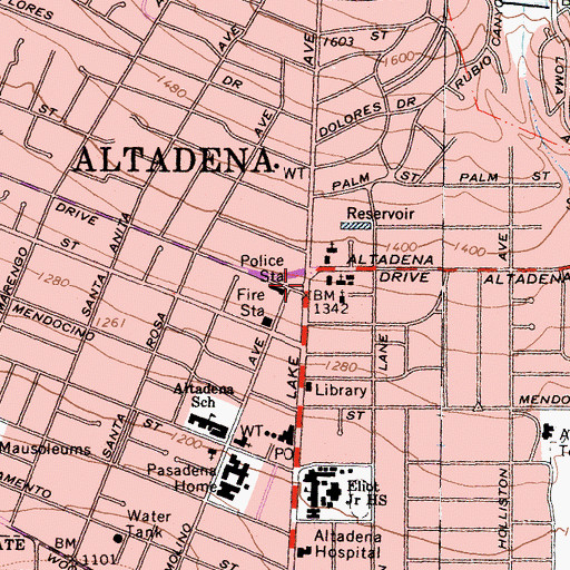 Topographic Map of Altadena, CA