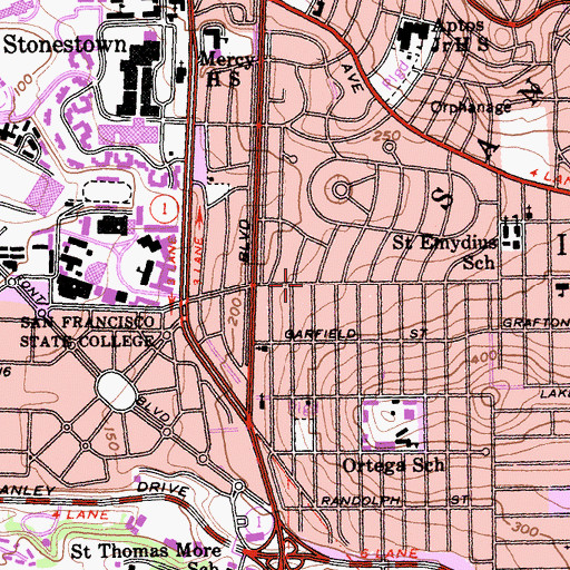 Topographic Map of J Paul Leonard Library, CA