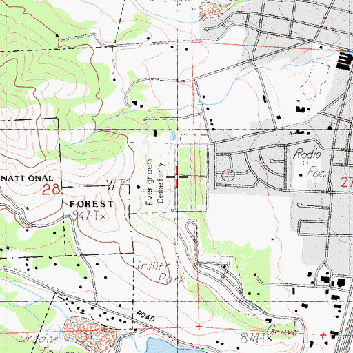 Topographic Map of Evergreen Cemetery, CA