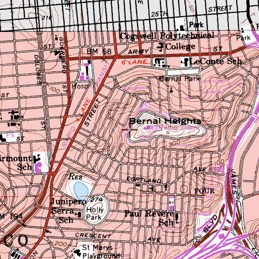 Topographic Map of Bernal Heights, CA