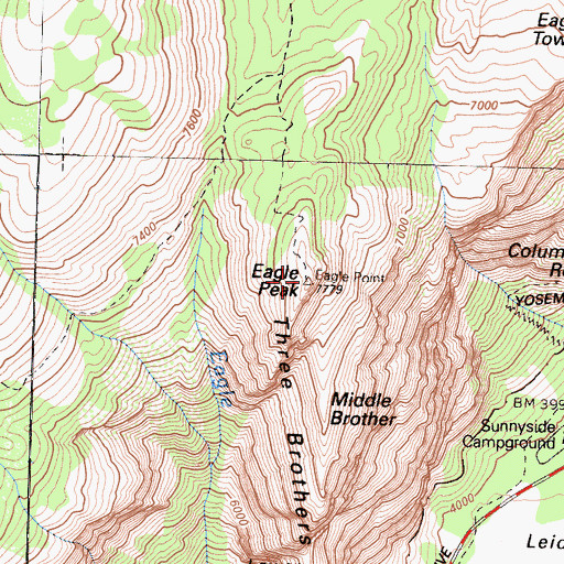 Topographic Map of Three Brothers, CA