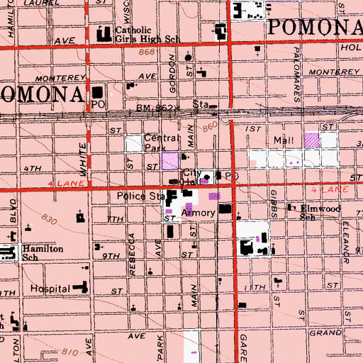 Topographic Map of Pomona, CA