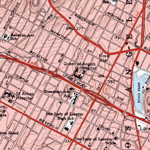 Topographic Map of Queen of Angels Hospital (historical), CA