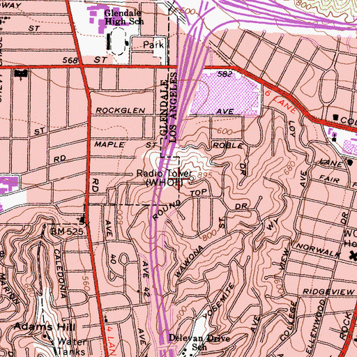 Topographic Map of KIEV-AM (Glendale), CA