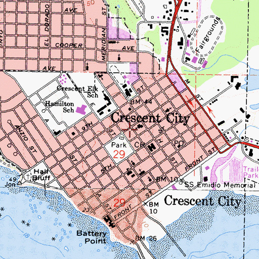 Topographic Map of Crescent City United Methodist Church, CA