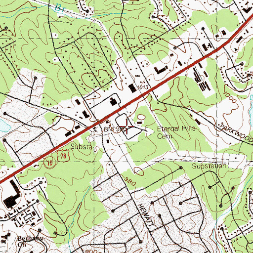 Topographic Map of Eternal Hills Cemetery, GA