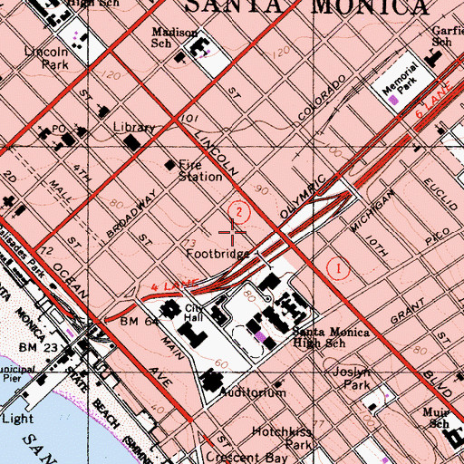 Topographic Map of Santa Monica Post Office, CA