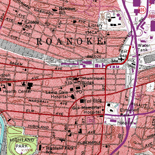 Topographic Map of Roanoke Municipal Building, VA
