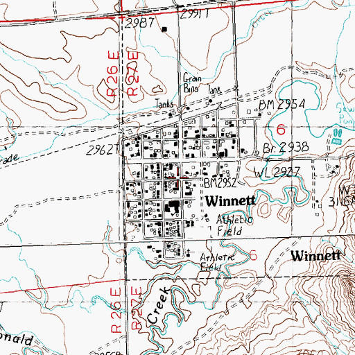 Topographic Map of Winnett Volunteer Fire Department, MT