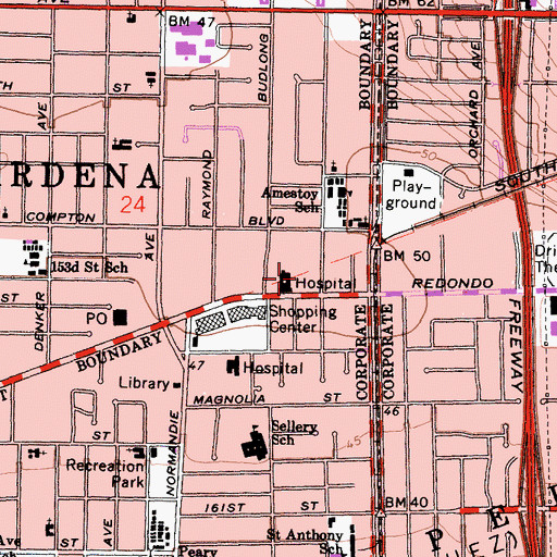 Topographic Map of Memorial Hospital of Gardena, CA
