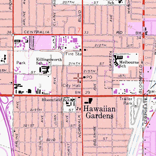 Topographic Map of Hawaiian Gardens Post Office, CA