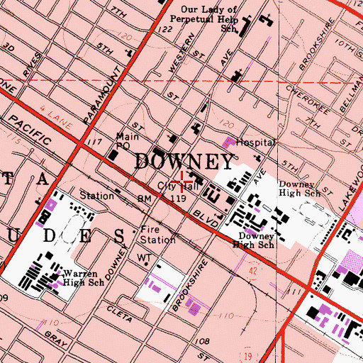 Topographic Map of First Baptist Church of Downey, CA