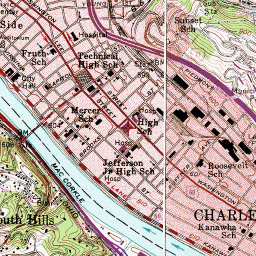 Topographic Map of Charleston High School (historical), WV