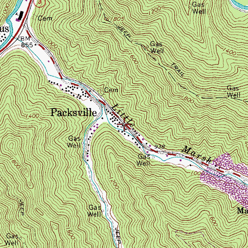 Topographic Map of Packsville Post Office, WV