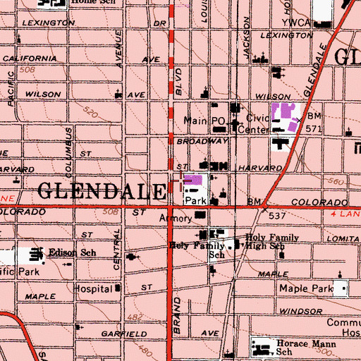 Topographic Map of Glendale Public Library, CA