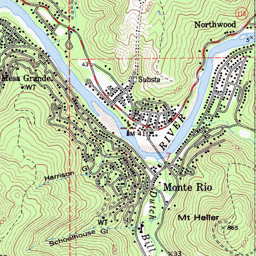 Topographic Map of Monte Rio Branch Sonoma County Library, CA