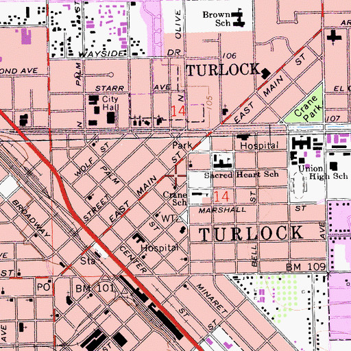 Topographic Map of Turlock Branch Stanislaus County Free Library, CA