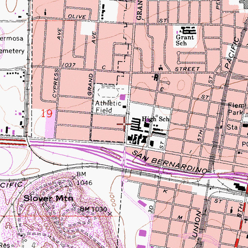 Topographic Map of Colton High School, CA