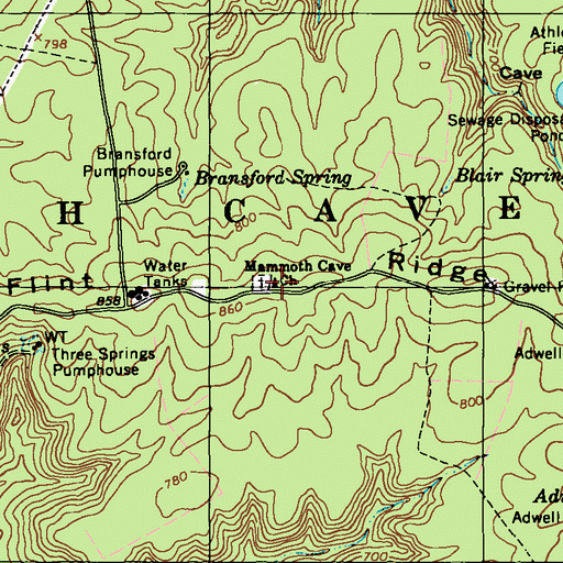 Topographic Map of Mammoth Cave Baptist Cemetery, KY
