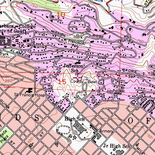 Topographic Map of Santa Barbara County Bowl, CA