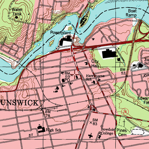 Topographic Map of Brunswick Fire Department Central Station, ME