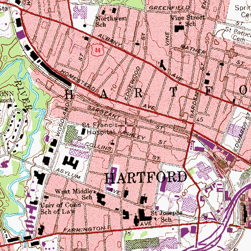 Topographic Map of Sigourney Square District Historic District, CT
