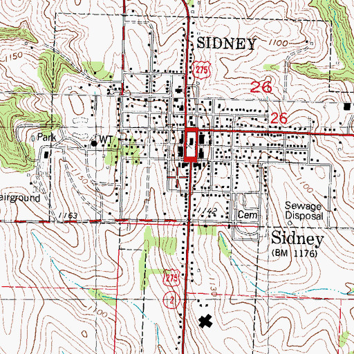 Topographic Map of Sidney City Hall, IA