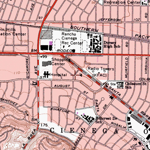 Topographic Map of Baldwin Hills Baptist Church, CA