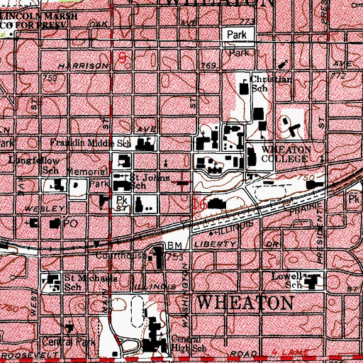 Topographic Map of College Church In Wheaton, IL
