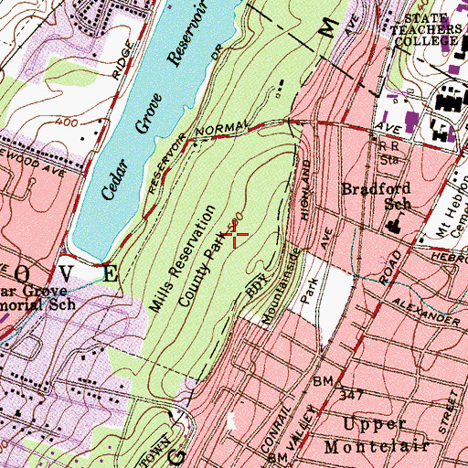 Topographic Map of Mills Reservation County Park, NJ