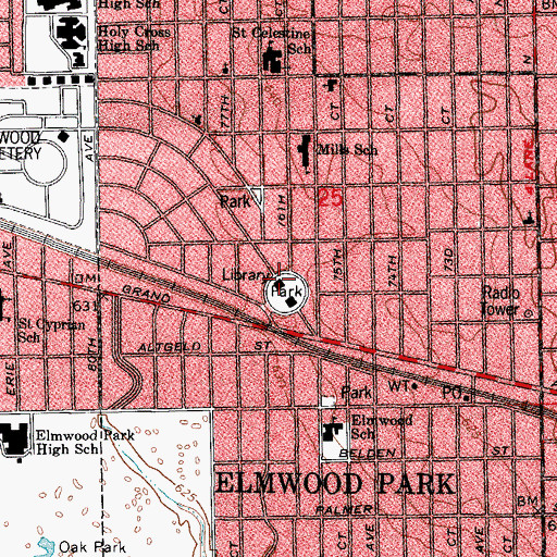 Topographic Map of Elmwood Park Public Library, IL