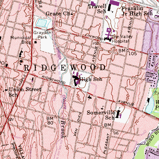 Topographic Map of Ridgewood High School, NJ