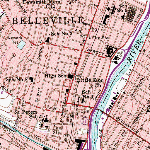 Topographic Map of Belleville Middle School, NJ