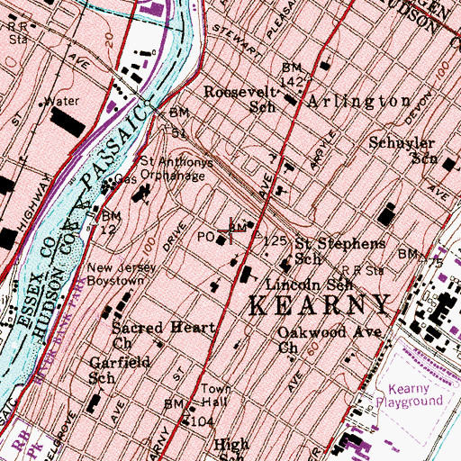 Topographic Map of Kearney Post Office, NJ
