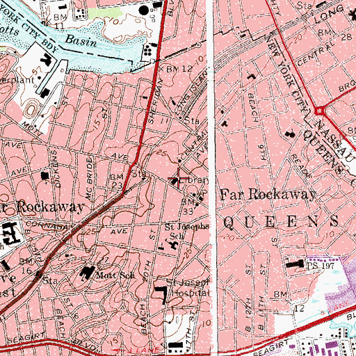 Topographic Map of Far Rockaway Branch Queens Borough Public Library, NY