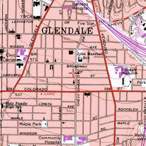 Topographic Map of Glendale Missionary Baptist Church, CA
