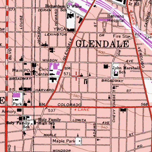 Topographic Map of Broadway Methodist Church, CA