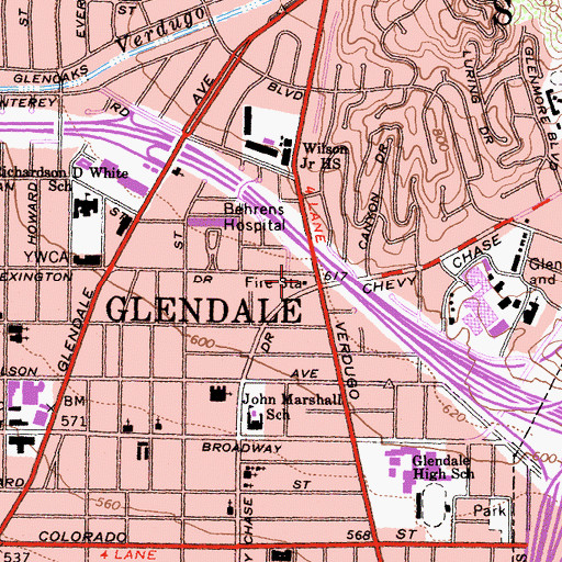 Topographic Map of Glendale Fire Department Station 25, CA