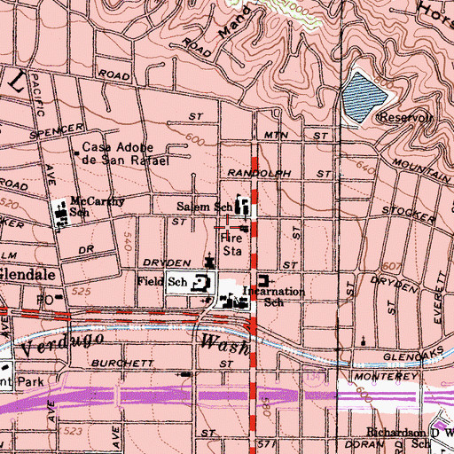 Topographic Map of Glendale Fire Department Station 26, CA