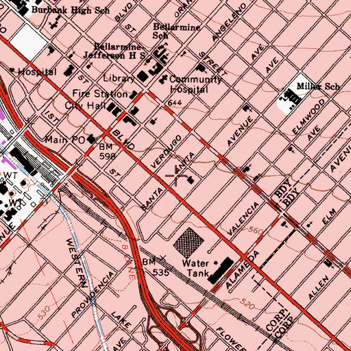 Topographic Map of Burbank Foursquare Church, CA