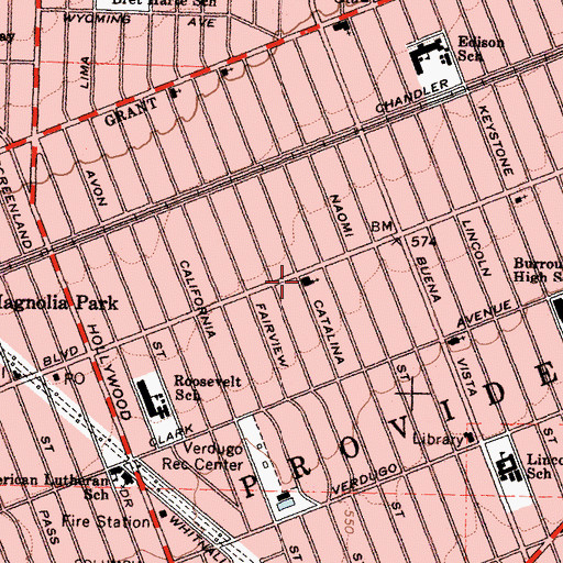 Topographic Map of Magnolia Park Community Methodist Church, CA