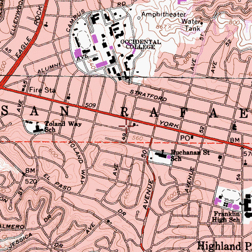 Topographic Map of York Boulevard Church of Christ, CA