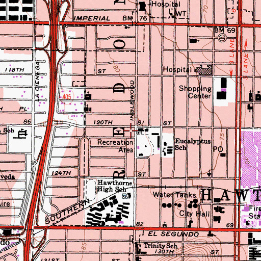 Topographic Map of Hawthorne United Methodist Church, CA