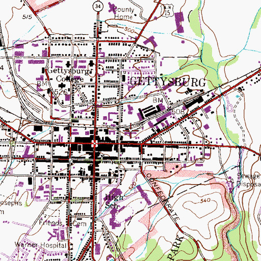 Topographic Map of Gettysburg Fire Department Station 1, PA