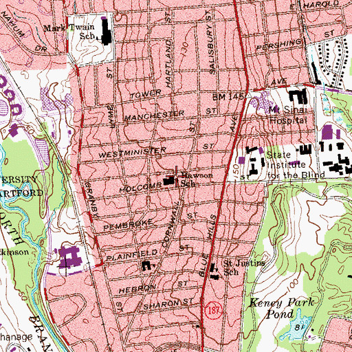 Topographic Map of Rawson School, CT