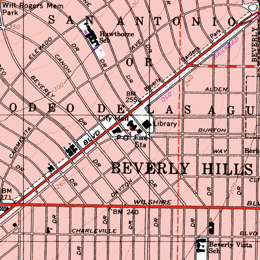 Topographic Map of Beverly Hills Fire Department Station 1 Headquarters, CA