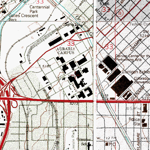 Topographic Map of Auraria Library, CO