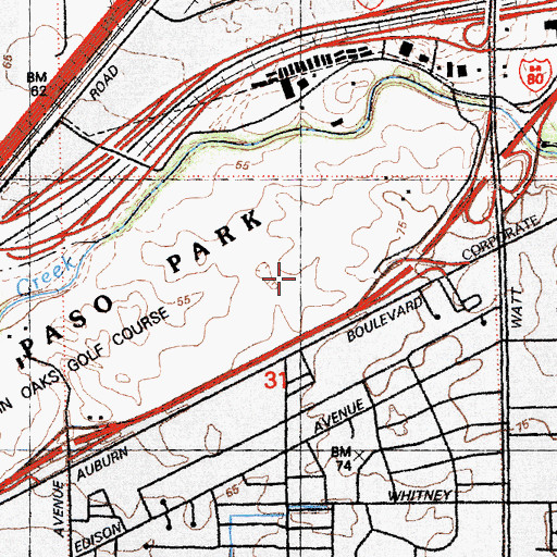 Topographic Map of Del Paso Park, CA